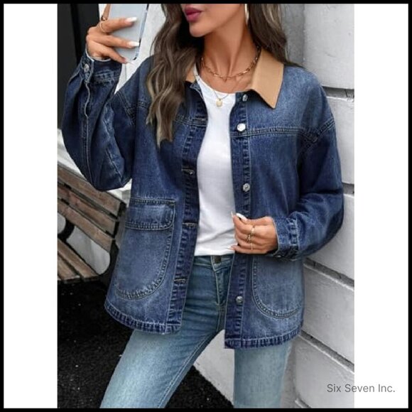 Oversized Color Block Denim Jacket Chic Boyfriend Fit Long Sleeve Button Down - Picture 6 of 8